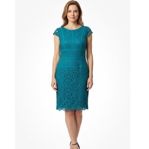 Adrianna Papell Lace Sheath Dress Women Size 8 Teal Green‎ Floral Cap Sleeve